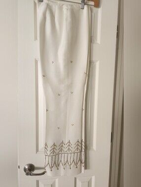 Embroidered Ivory Pants with Beaded Hem